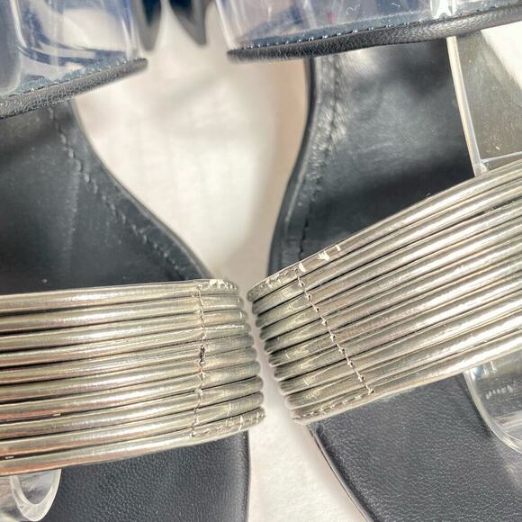 AGL Heels Mila Sandals Clear Strap Leather Black Silver Metallic Block Heel 7 37 - Picture 6 of 10